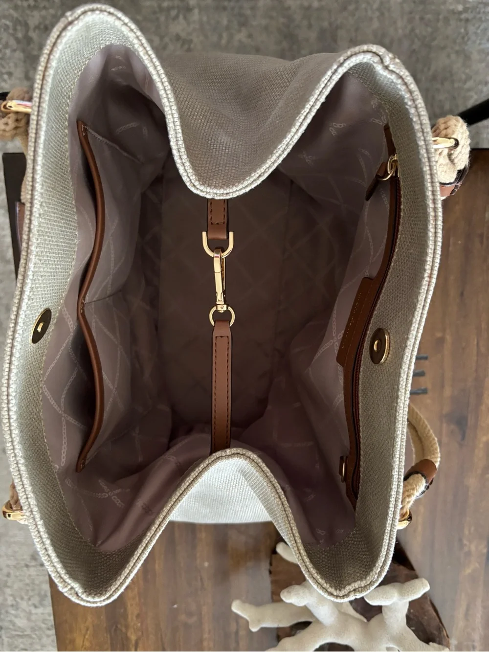 Michael Kors Beige Canvas Shoulder Bag with Brown Trim and Rope Handles